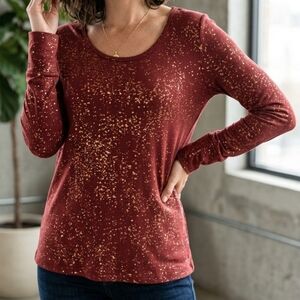a.n.a. Maroon Foil Long Sleeve Top Women's Large Holiday Party Shimmer Glam